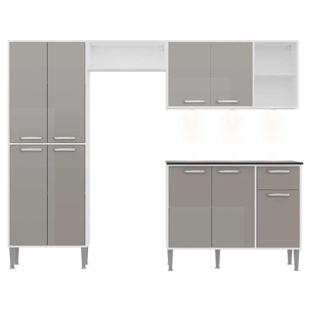 Armario de Cozinha Compacta c/ 3 Leds Balcao c/ Tampo 4 pcs Xangai Multimoveis Bca/Lca Fum