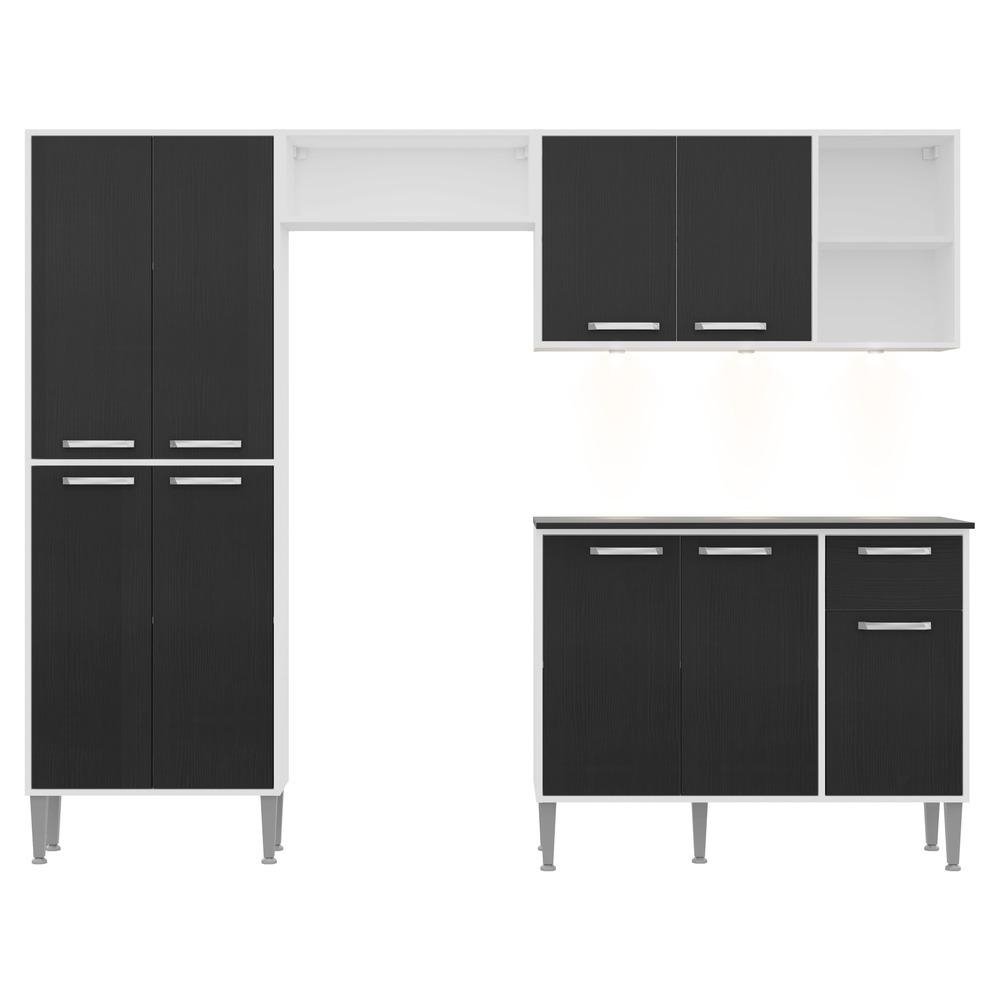 Armario de Cozinha Compacta c/ 3 Leds Balcao c/ Tampo 4 pcs Xangai Multimoveis Branca/Pret