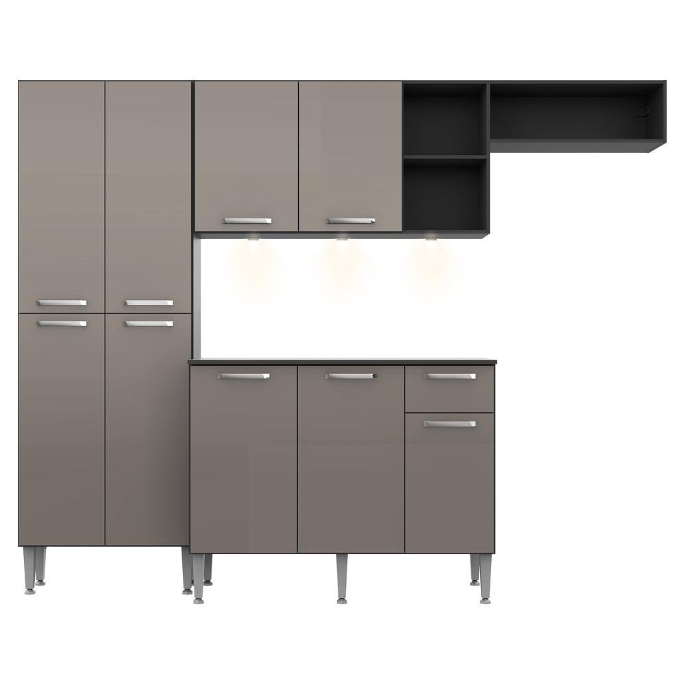 Armario de Cozinha Compacta com 3 Leds Balcao com Tampo Pequim Multimoveis Preta/Lacca Fum