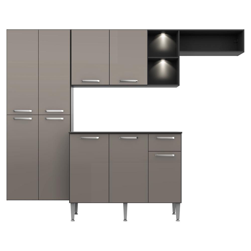 Armario de Cozinha Compacta com 2 Leds Balcao com Tampo Pequim Sun Multimoveis Preta/Lacca