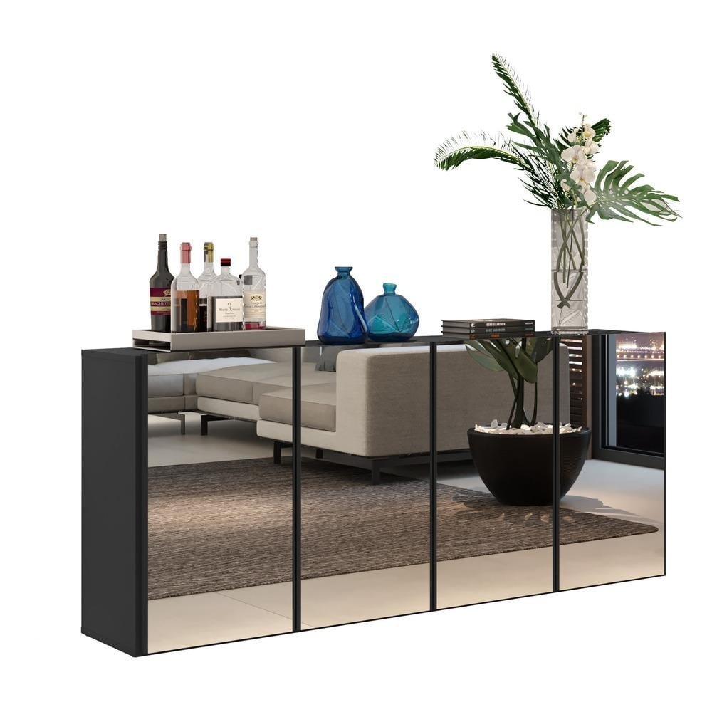 Aparador Buffet 4 Portas com Espelho Suspenso Vegas Multimoveis Preto