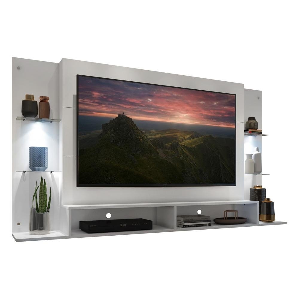 Painel com Suporte TV 60" e 2 Leds Prateleiras de Vidro Vegas Multimoveis Branco