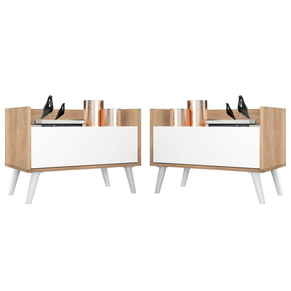 Kit com 2 Mesas de Cabeceira 80 cm com Pes Retro Multimoveis Rustic/Branco