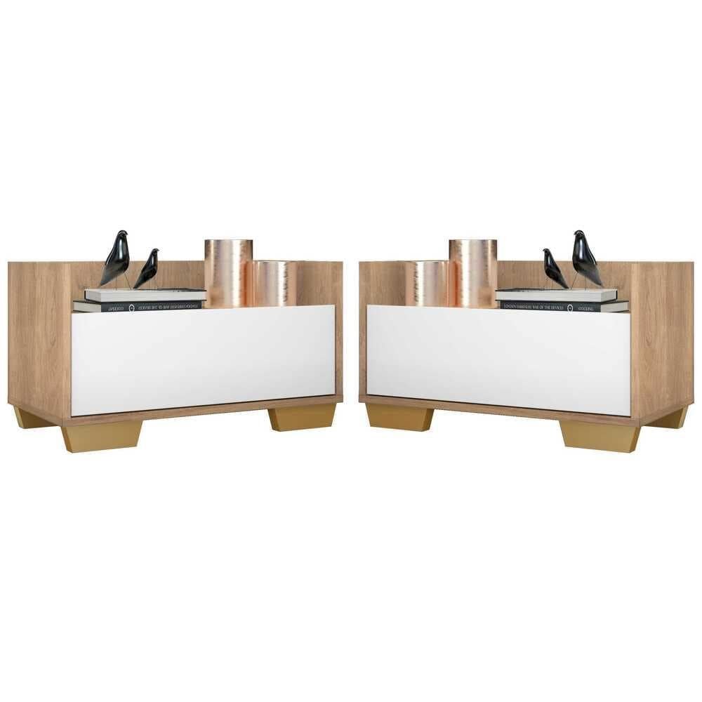 Kit com 2 Mesas de Cabeceira 80 cm com Pes Quadrados Multimoveis Rustic/Branco/Natural