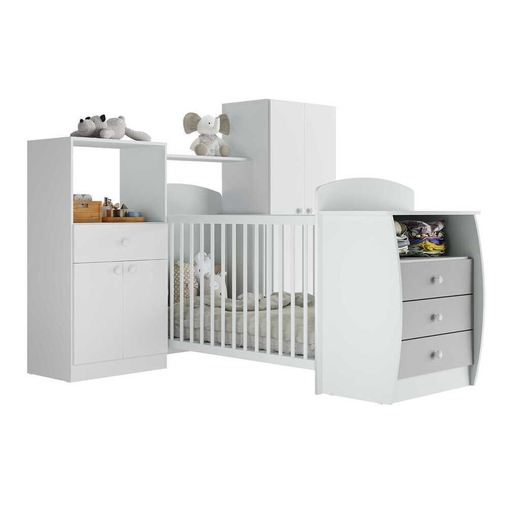 Quarto Infantil com Berco-Comoda e Colchao Incluso Laura Multimoveis Branco/Cinza
