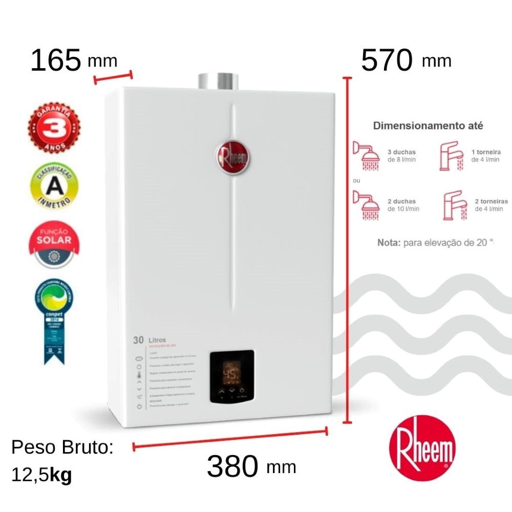 Morli Rheem Aquecedor 30 litros digital EF Bivolt GLP Rheem | eFácil