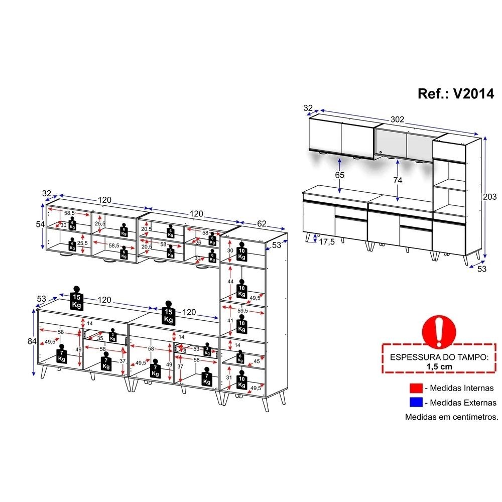 Armario de Cozinha Compacta 302cm com Leds Veneza Up Multimoveis V2014