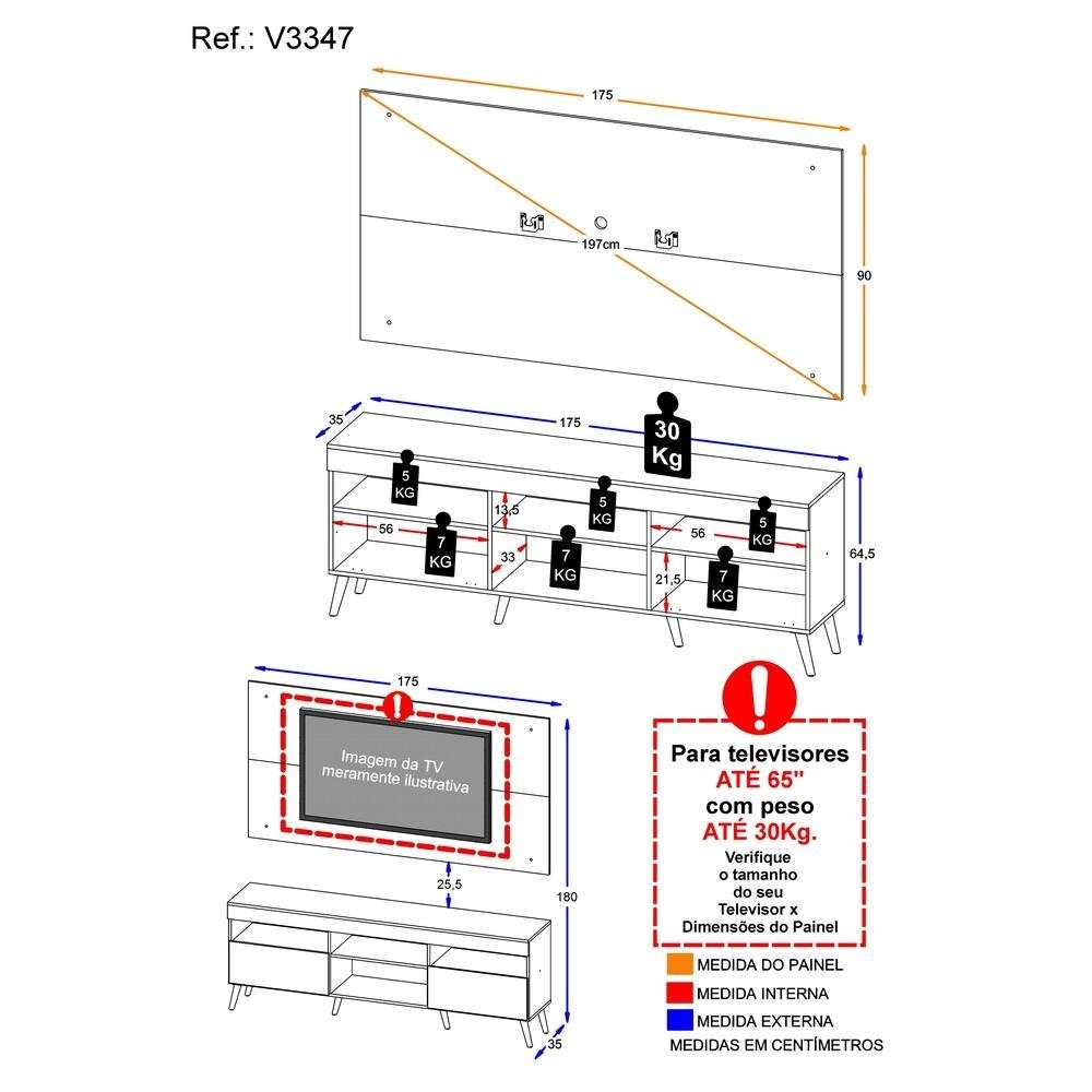 Rack com Painel e Suporte TV 65" Retro Londres Multimoveis V3347