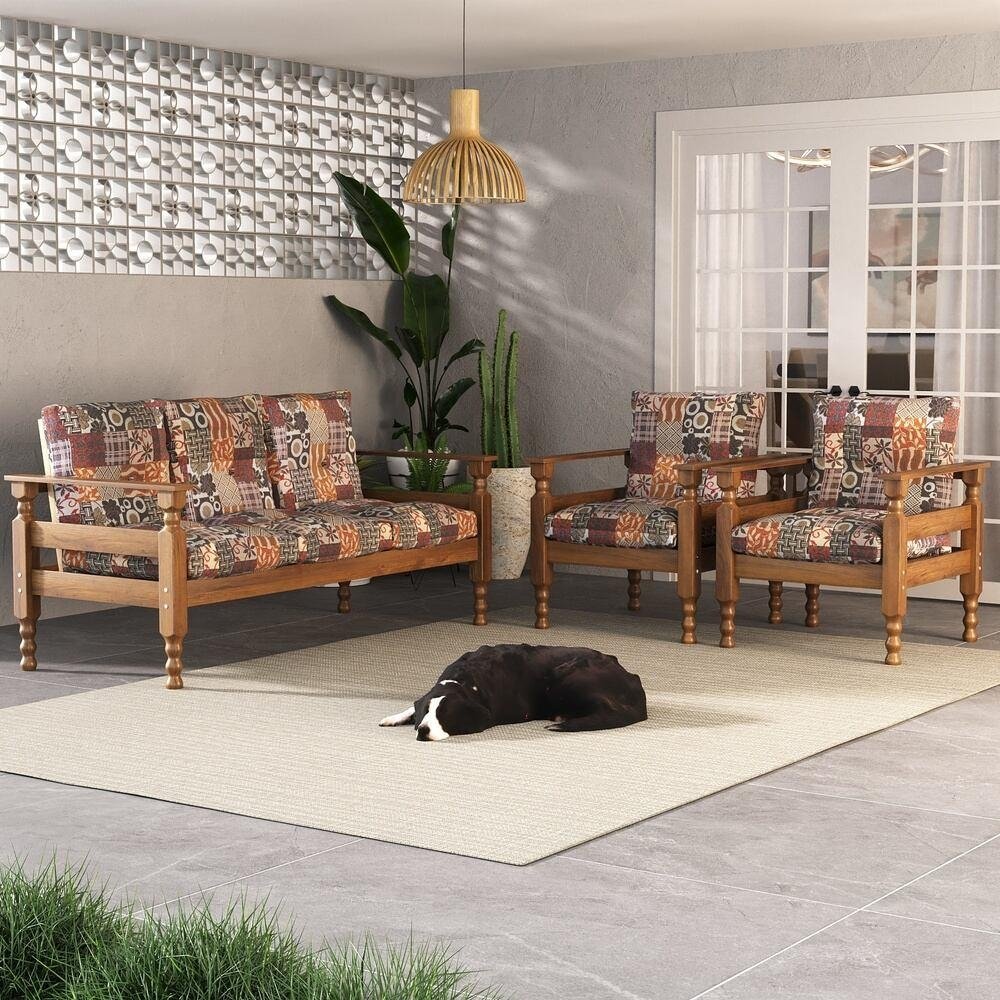 Jogo Sofa Madeira Macica 3 Lugares e 2 Poltronas Liz Multimoveis VCR7001