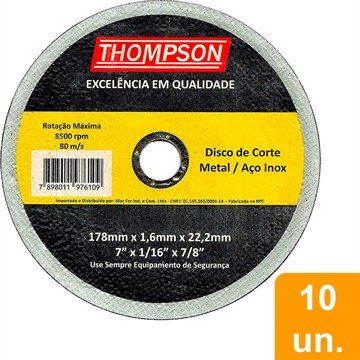 Disco de Corte Thompson 7P 178X1,6X22,2mm Aço/Inox - Embalagem com 10 Unidades
