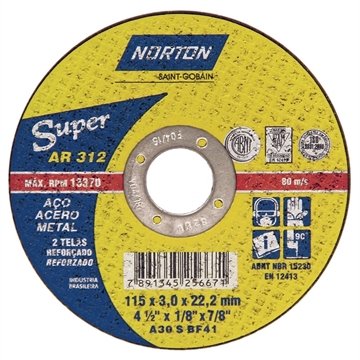 Disco de Corte Norton AR312 4.1/2P 115X3,0X22,23mm Super - Embalagem com 25 Unidades