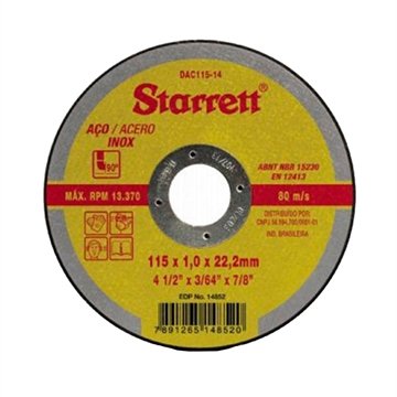 Disco Corte Starrett 4.1/2 115x1,0x22,2mm Aço/Inox - Embalagem com 12 Unidades